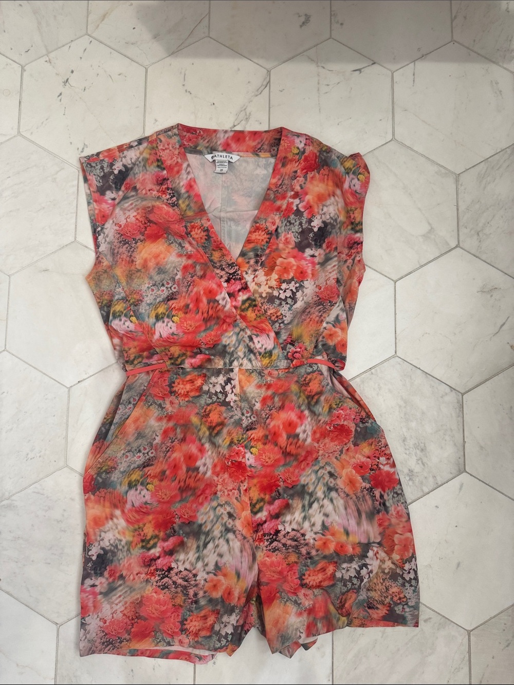 Athleta Coral-Pink Floral Wrap Romper